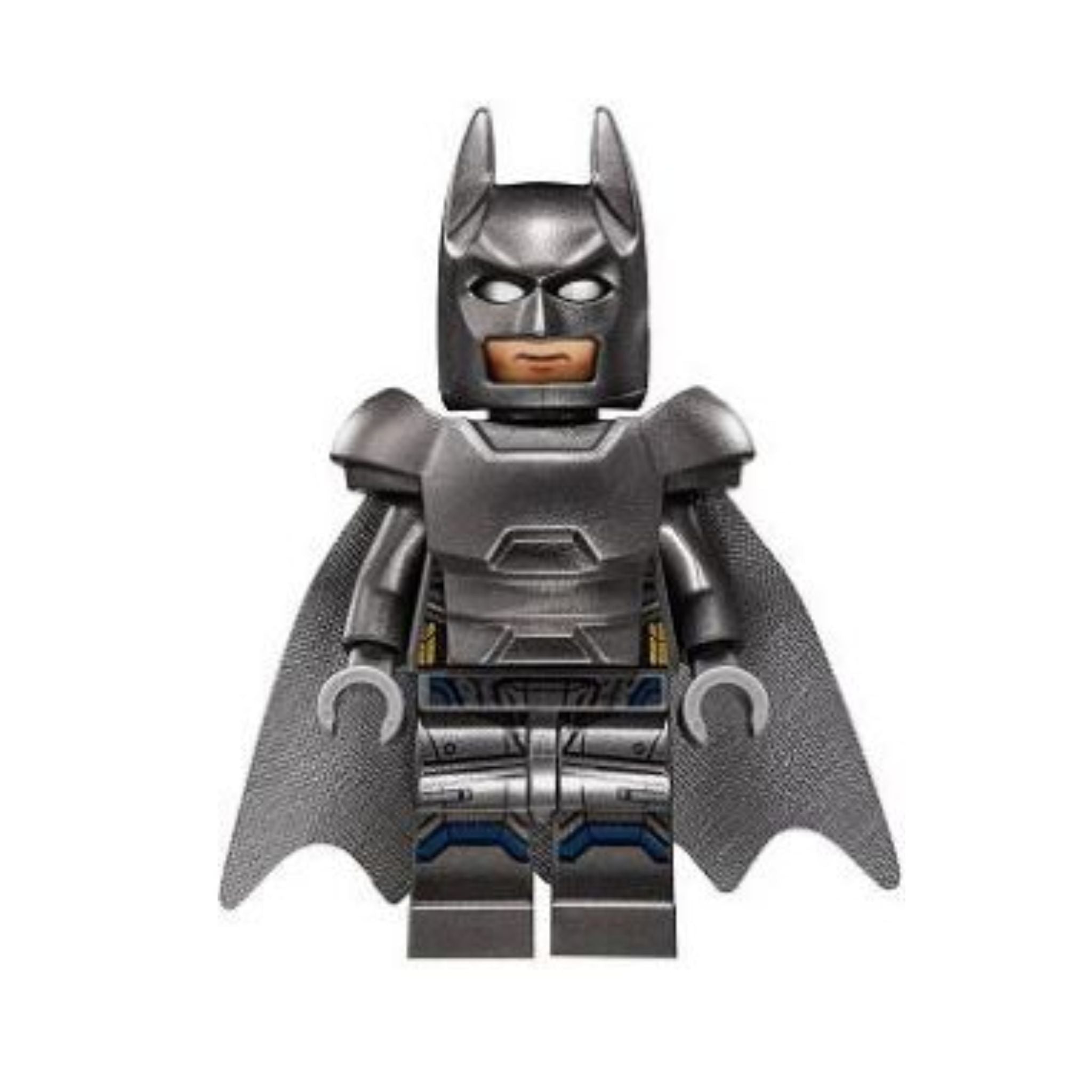 Minifigure of a superhero in an armored suit with a gray color scheme and a cape, showcasing detailed armor design.