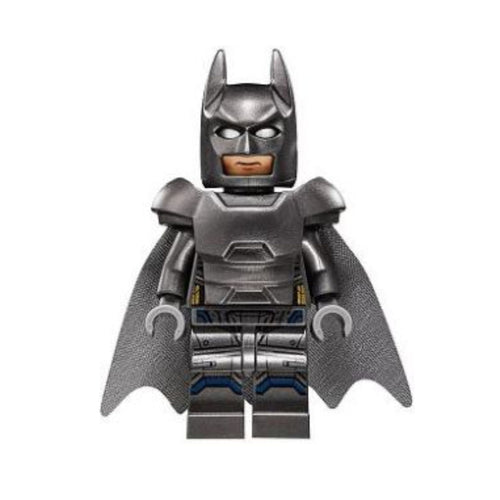 Minifigure of a superhero in an armored suit with a gray color scheme and a cape, showcasing detailed armor design.