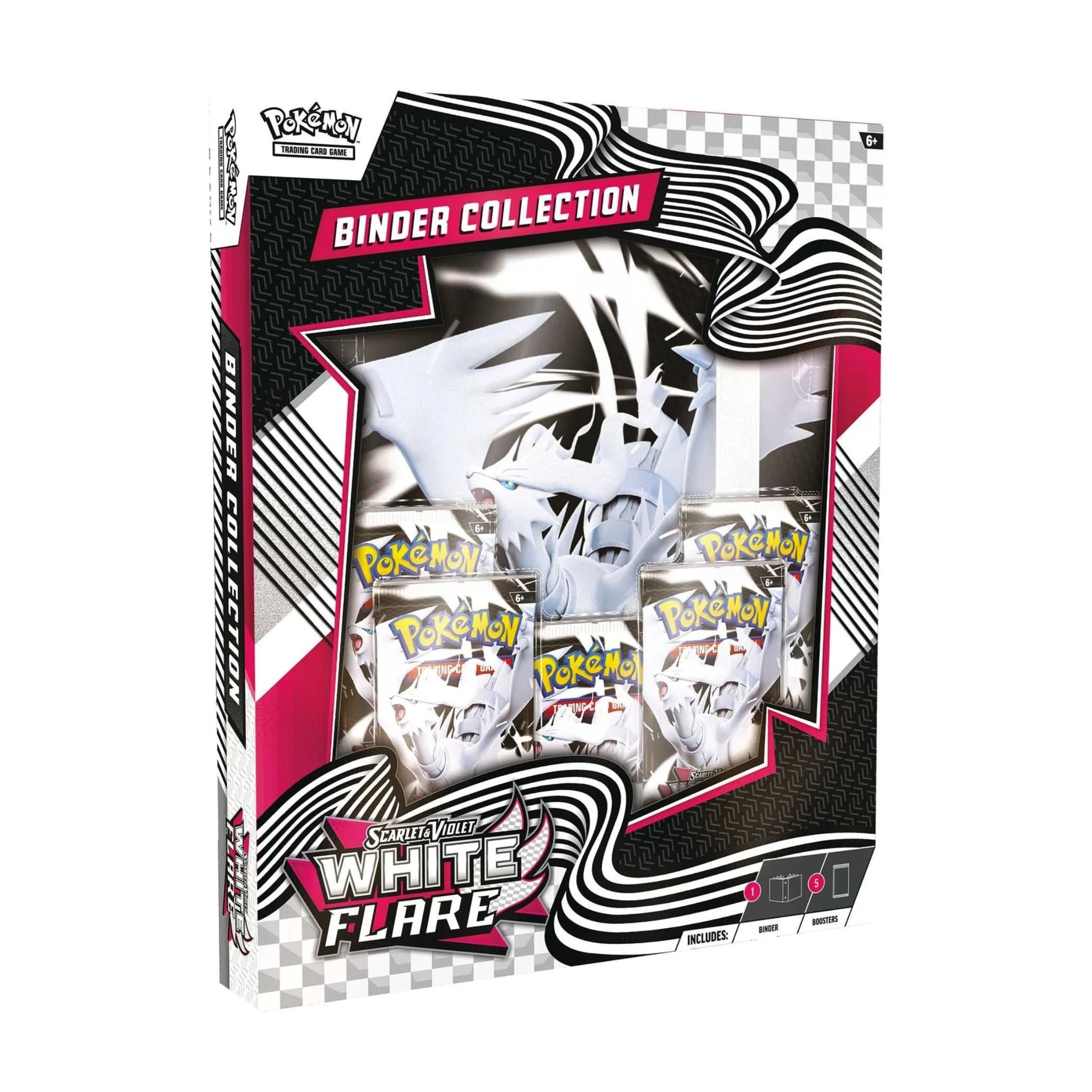 Pokémon TCG White Flare Binder Collection packaging featuring black and white design with pink accents and Pokémon card illustrations.