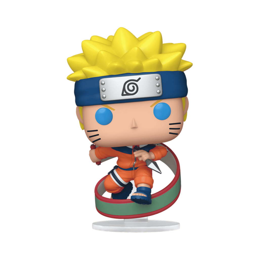 Naruto Uzumaki vinyl figure with spiky yellow hair, blue headband, and orange outfit, holding a scroll in a dynamic pose.
