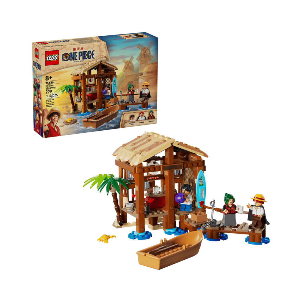 LEGO ONE PIECE Windmill Village Hut set featuring a thatched roof building, small boat, and minifigures by the water.