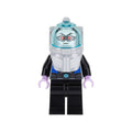 Minifigure with a transparent blue helmet, white hair, purple hands, and a black outfit featuring blue and gray details.