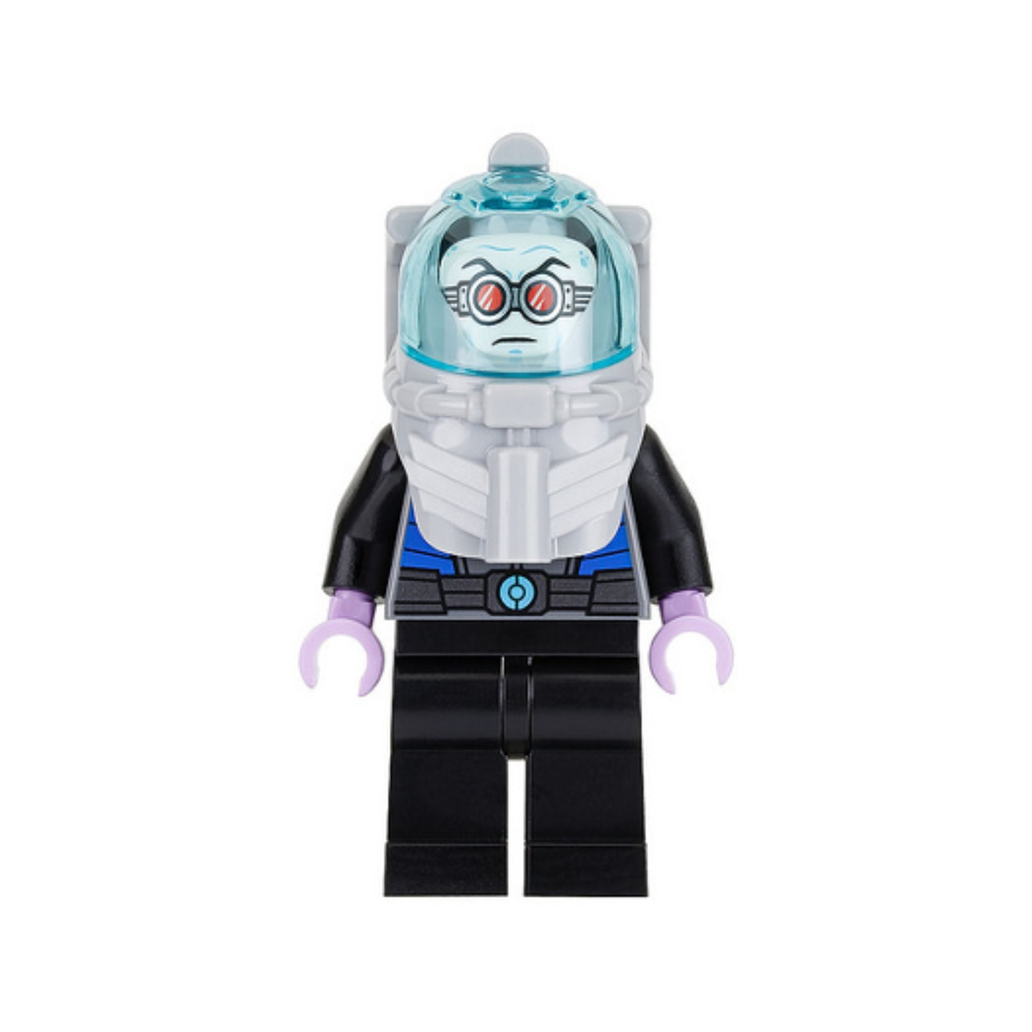 Minifigure with a transparent blue helmet, white hair, purple hands, and a black outfit featuring blue and gray details.