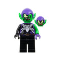 Minifigure featuring a green and purple color scheme with a spider emblem and a removable head with different facial expressions.