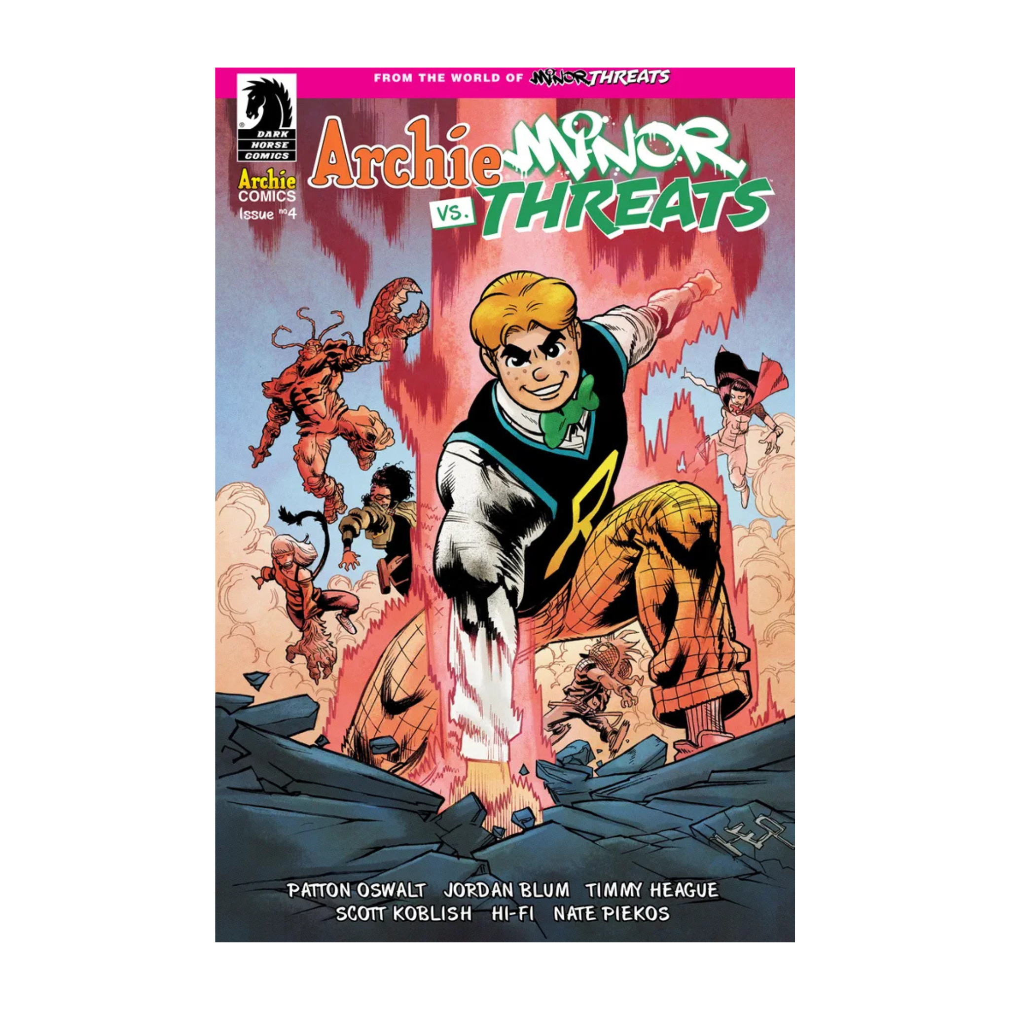 Comic book cover of Archie Vs Minor Threats #4 featuring a blonde character in a dynamic pose with a chaotic red background.