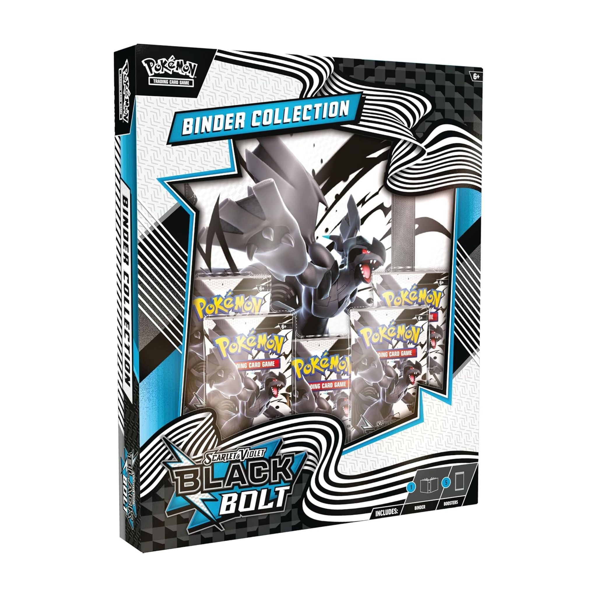 Black BOLT binder collection featuring a character graphic and visible Pokémon cards in a zigzag-patterned design.