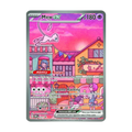 Colorful Mew ex trading card featuring HP 180, abilities Restart and Genome Hacking, with a pink background and building illustration.