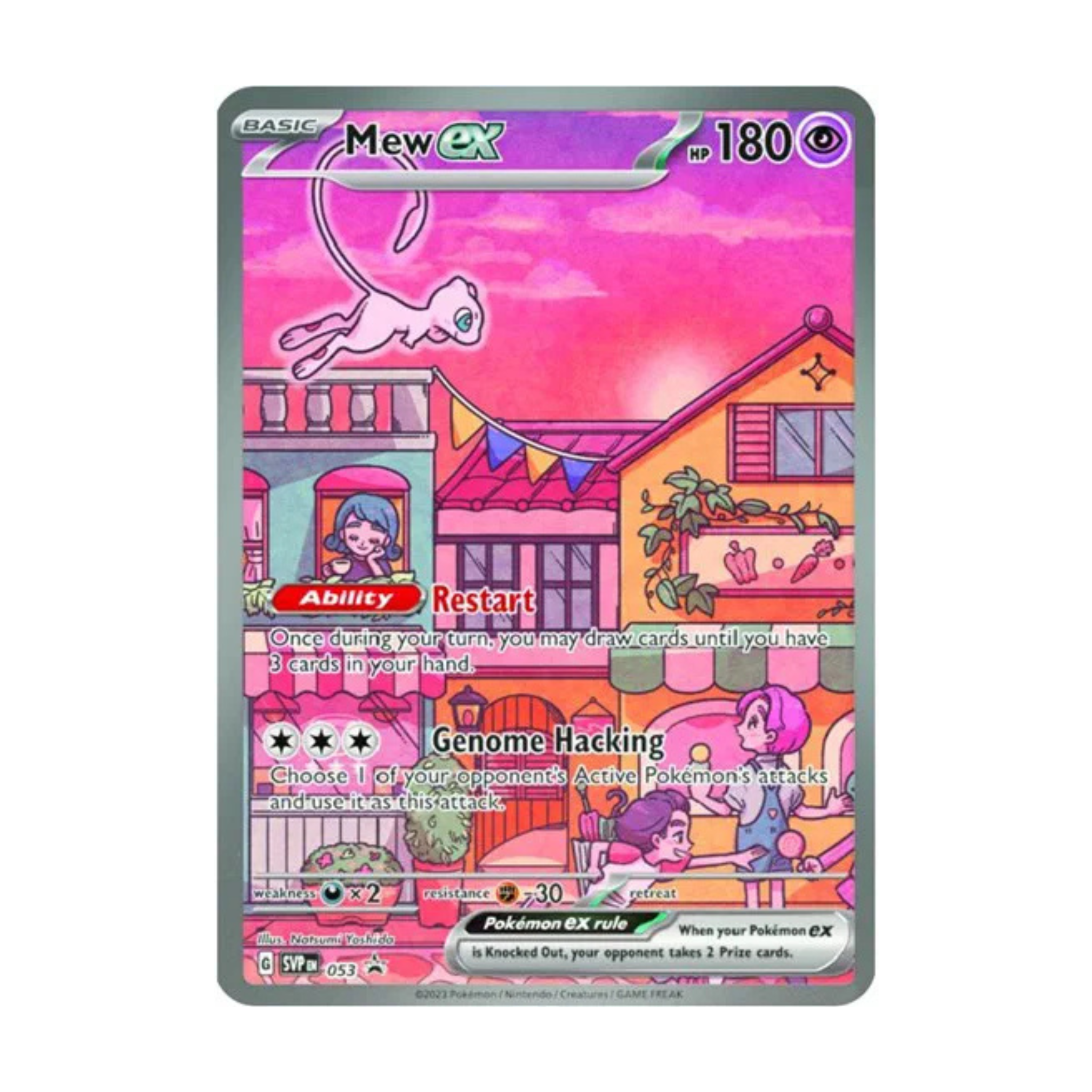 Colorful Mew ex trading card featuring HP 180, abilities Restart and Genome Hacking, with a pink background and building illustration.