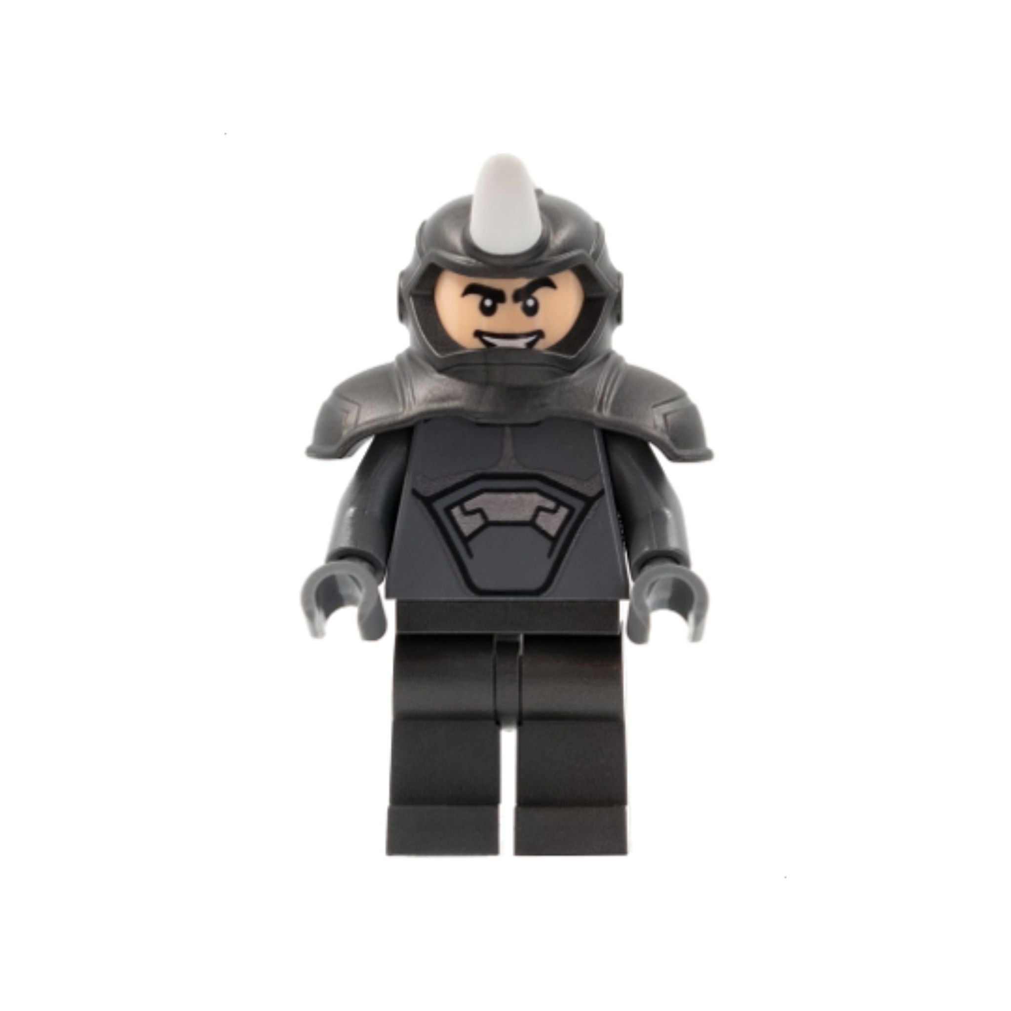 Gray and black rhino minifigure with armor, confident smirk, and movable arms and legs.