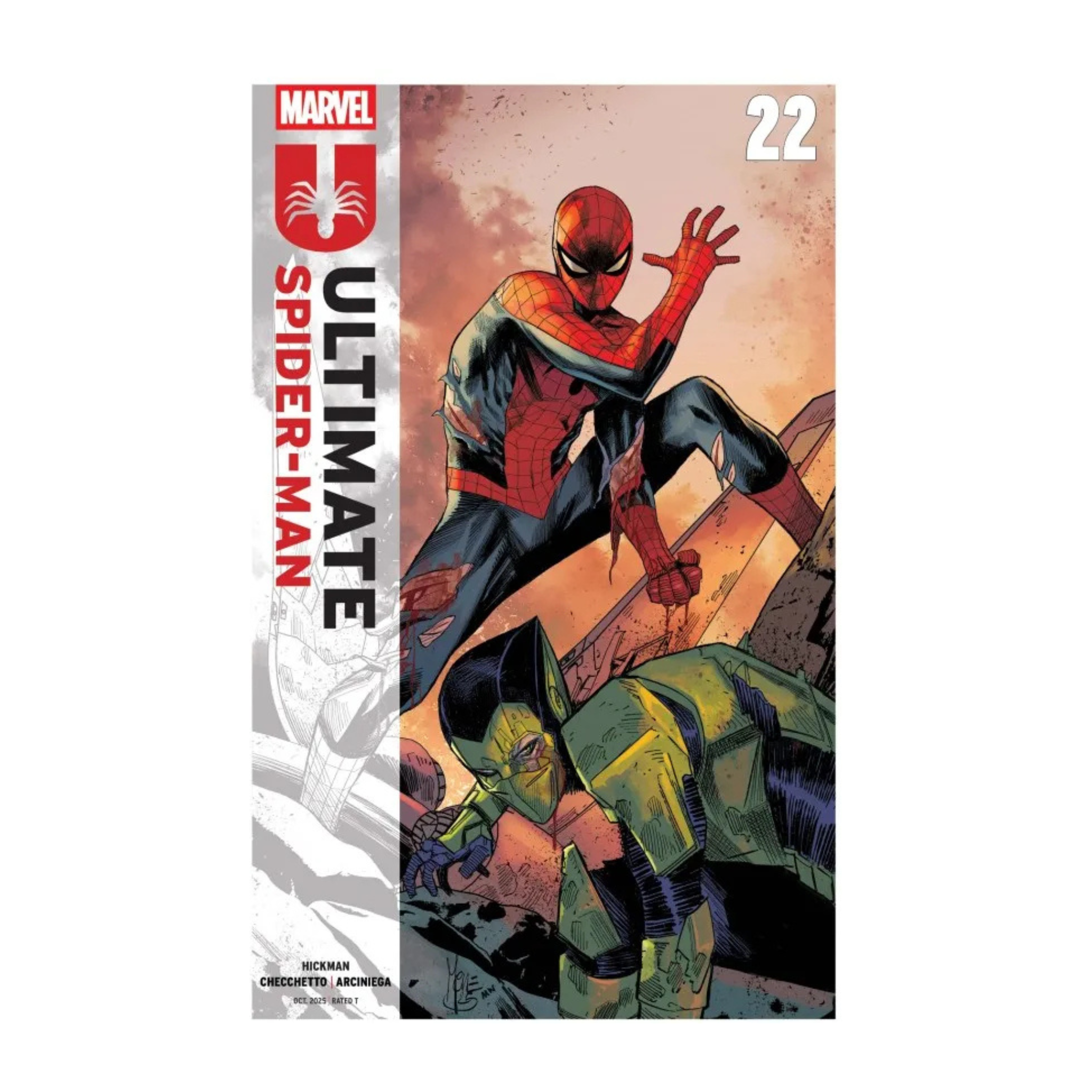 Colorful comic book cover featuring Spider-Man in a dynamic pose with a green character below, labeled Ultimate Spider-Man #22.