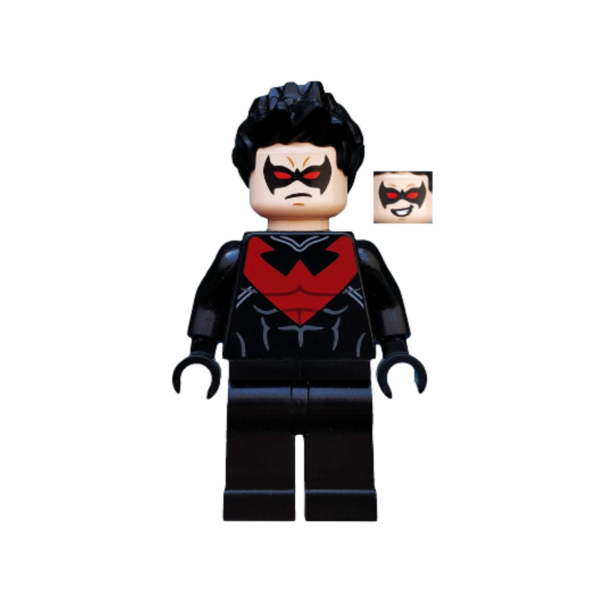 Minifigure in black and red attire with a symbol on the chest and alternate facial expression.