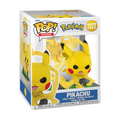 Pikachu Funko Pop vinyl figure in a clear box with colorful design and warning label, featuring large ears and tail.