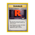 Trainer Rocket's Hideout Pokémon card featuring a red 'R' logo, Stadium card design, and gameplay instructions.