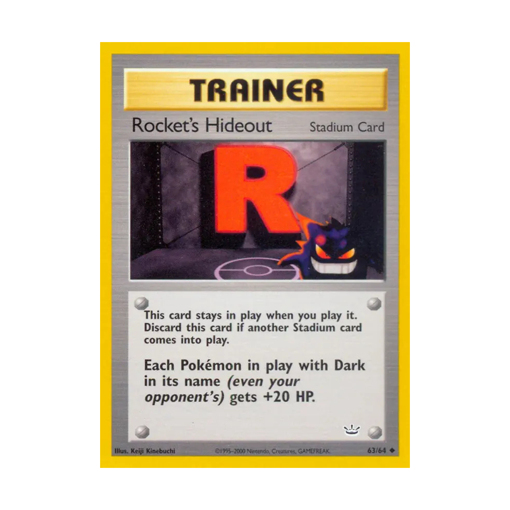 Trainer Rocket's Hideout Pokémon card featuring a red 'R' logo, Stadium card design, and gameplay instructions.