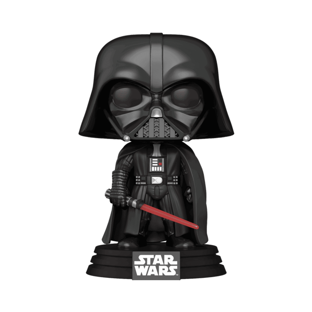 Darth Vader vinyl bobblehead in a black helmet and cape, holding a red lightsaber on a black base.