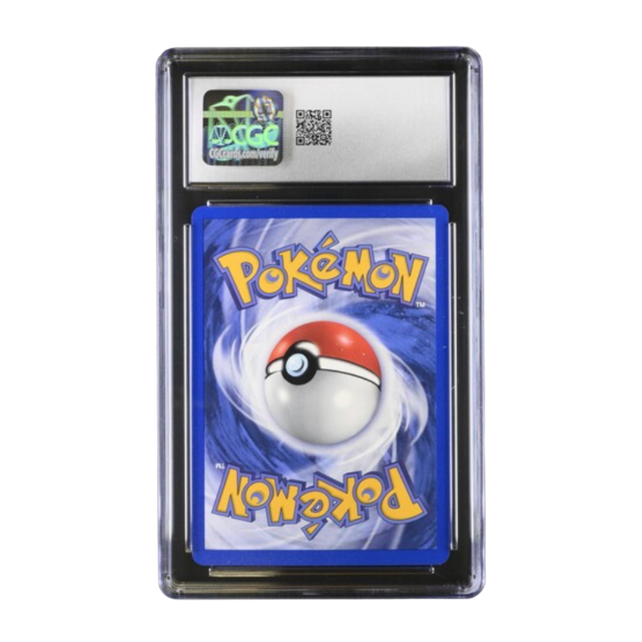 Trading card in protective case featuring a blue background and Poké Ball design, graded CGC 8.5.