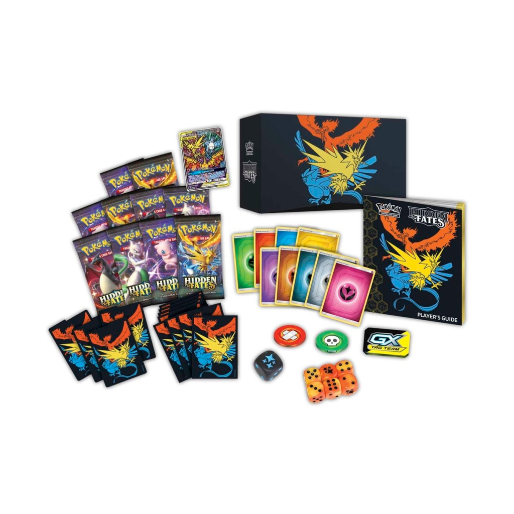 Elite Trainer Box featuring Pokémon TCG items, including booster packs, player's guide, game tokens, and colorful design.