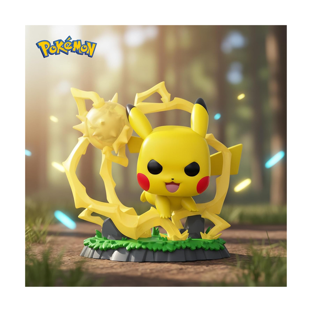Pikachu figure with yellow body, black-tipped ears, and red cheeks on grassy base with lightning bolt motif in a forest setting.