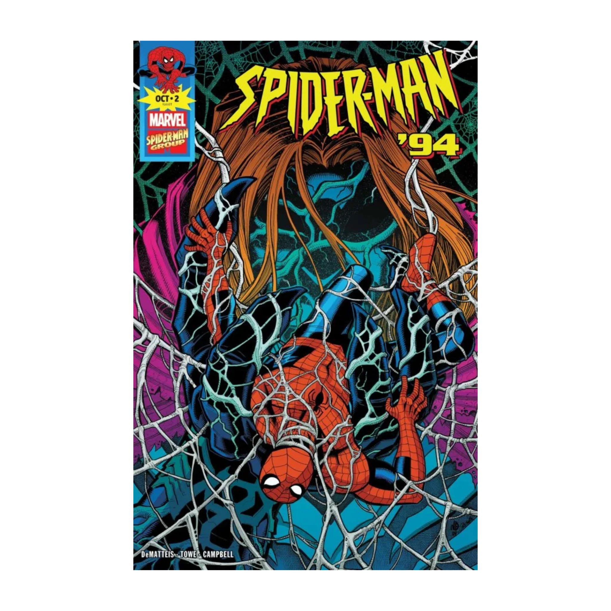 Spider-Man '94 comic book cover featuring Spider-Man in a web with a colorful background and Marvel logo.