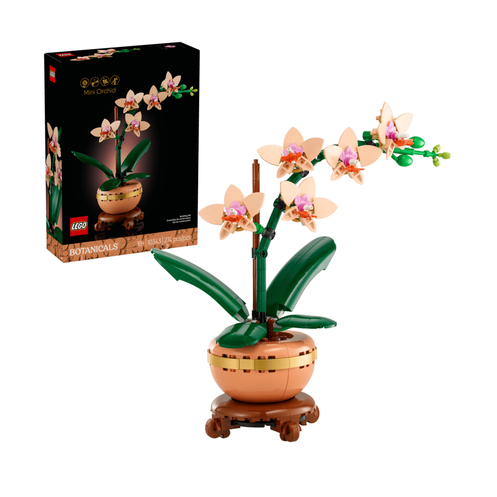 LEGO Mini Orchid set featuring a completed model with pink flowers and green leaves on a round base.