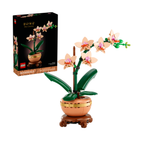 LEGO Mini Orchid set featuring a completed model with pink flowers and green leaves on a round base.