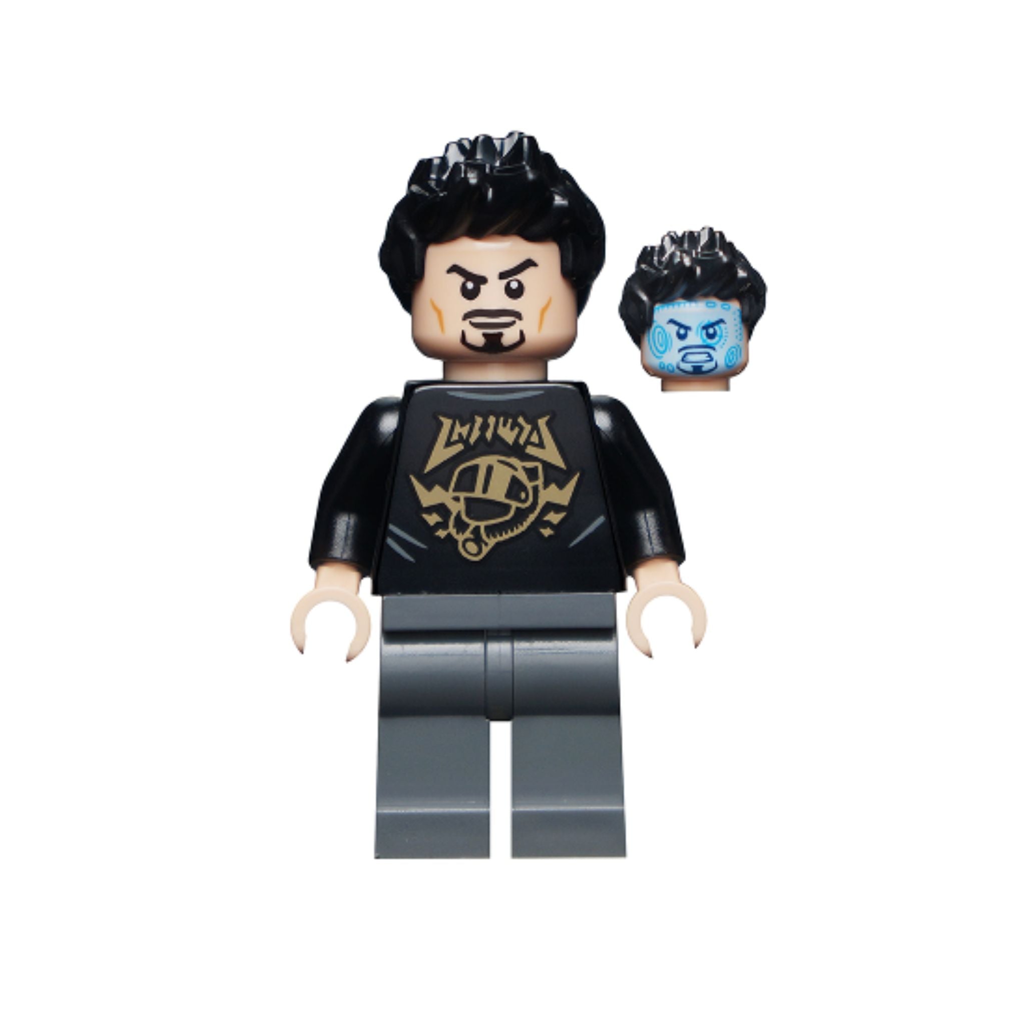 Tony Stark minifigure with dark hair, black graphic shirt, gray pants, and an alternate headpiece with a different expression.