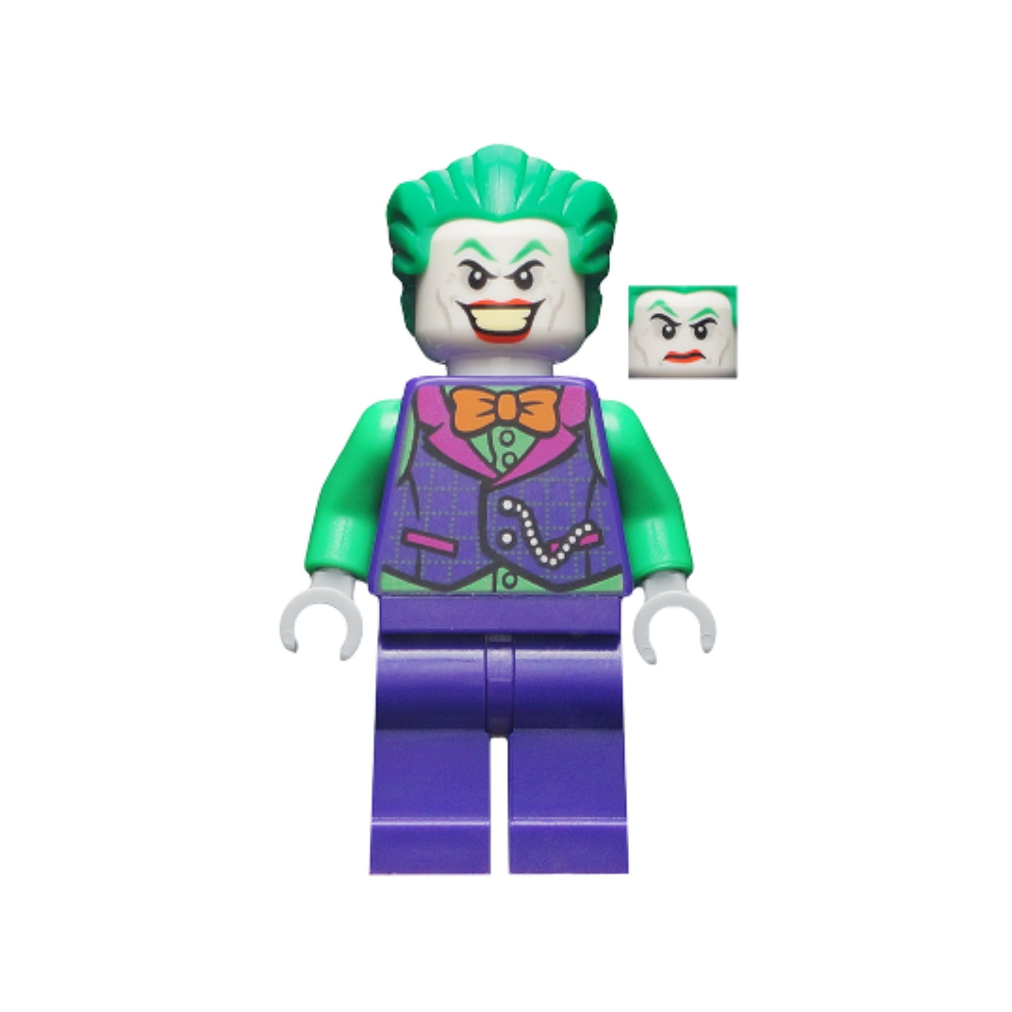 Minifigure with green hair, purple suit, bow tie, and two facial expressions: wide grin and neutral.