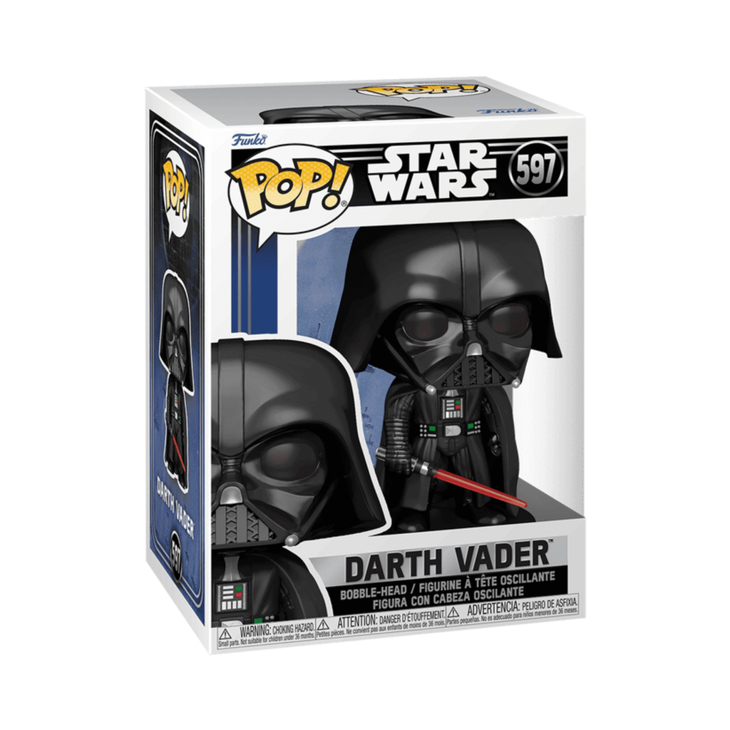 Darth Vader Funko Pop! figure in a box, featuring a black helmet, suit, and red lightsaber, labeled with box number 597.