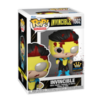 Funko Pop figure of INVINCIBLE with yellow skin, black hair, blue and black outfit, featuring red splatters and window display packaging.