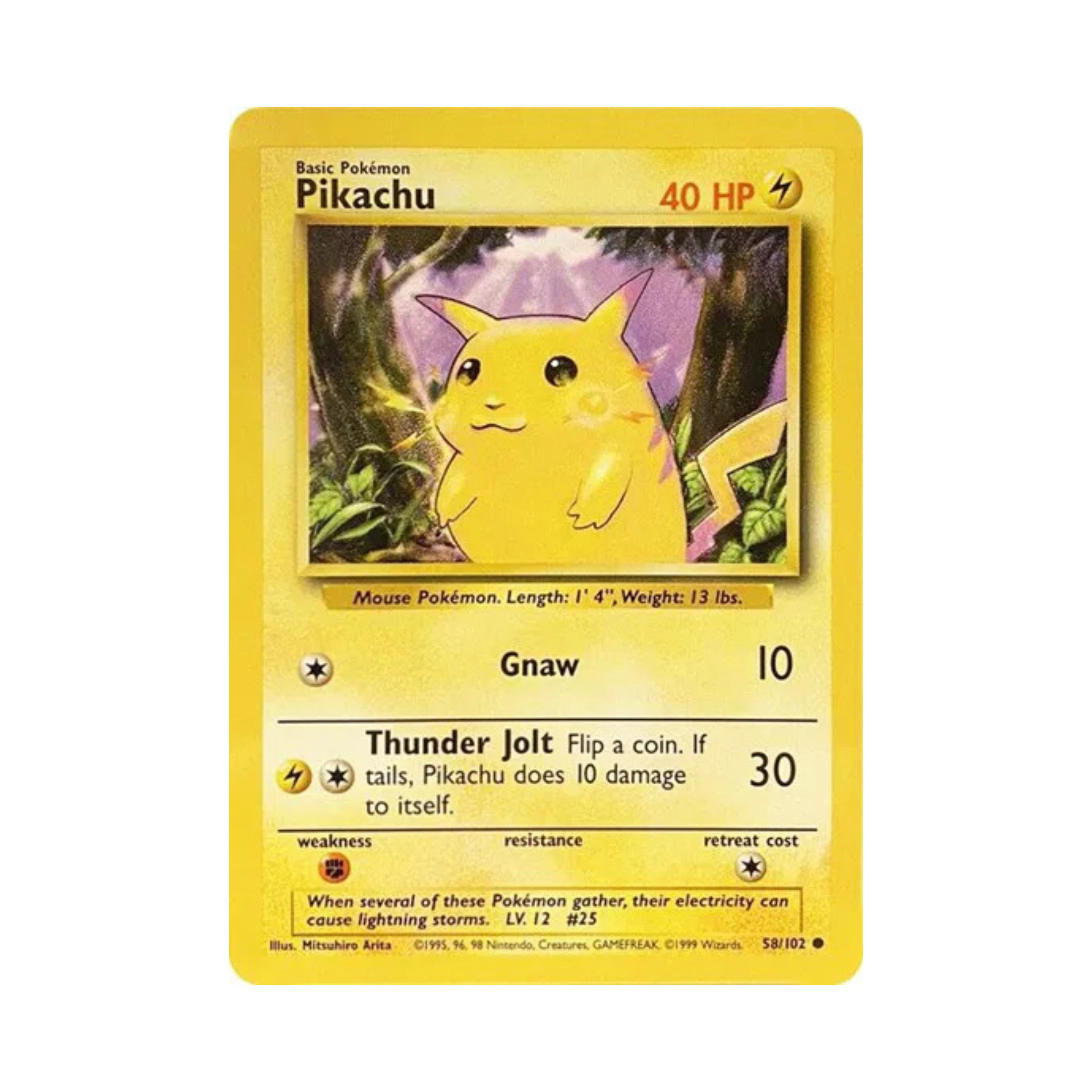 Pikachu trading card featuring illustration, HP 40, and moves 'Gnaw' and 'Thunder Jolt' on a yellow background.