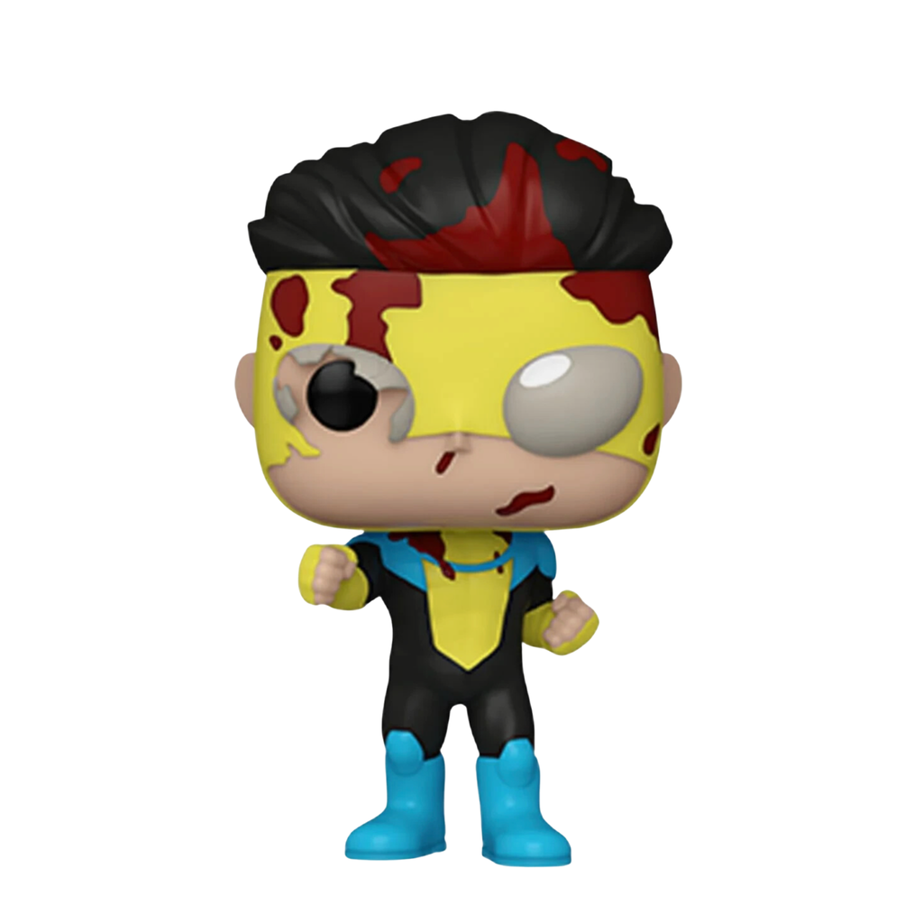 Funko Pop figure with a yellow face, black hair, and blue and black costume, posed with a clenched fist and paint splatters.