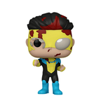 Funko Pop figure with a yellow face, black hair, and blue and black costume, posed with a clenched fist and paint splatters.