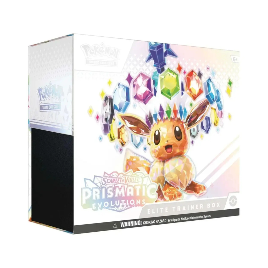 Colorful Pokémon TCG Prismatic Evolutions Elite Trainer Box featuring Eevee and gem-like shapes, suitable for ages 6 and up.