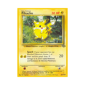 Pikachu trading card featuring playful illustration, 50 HP, and move 'Spark' on a yellow background.