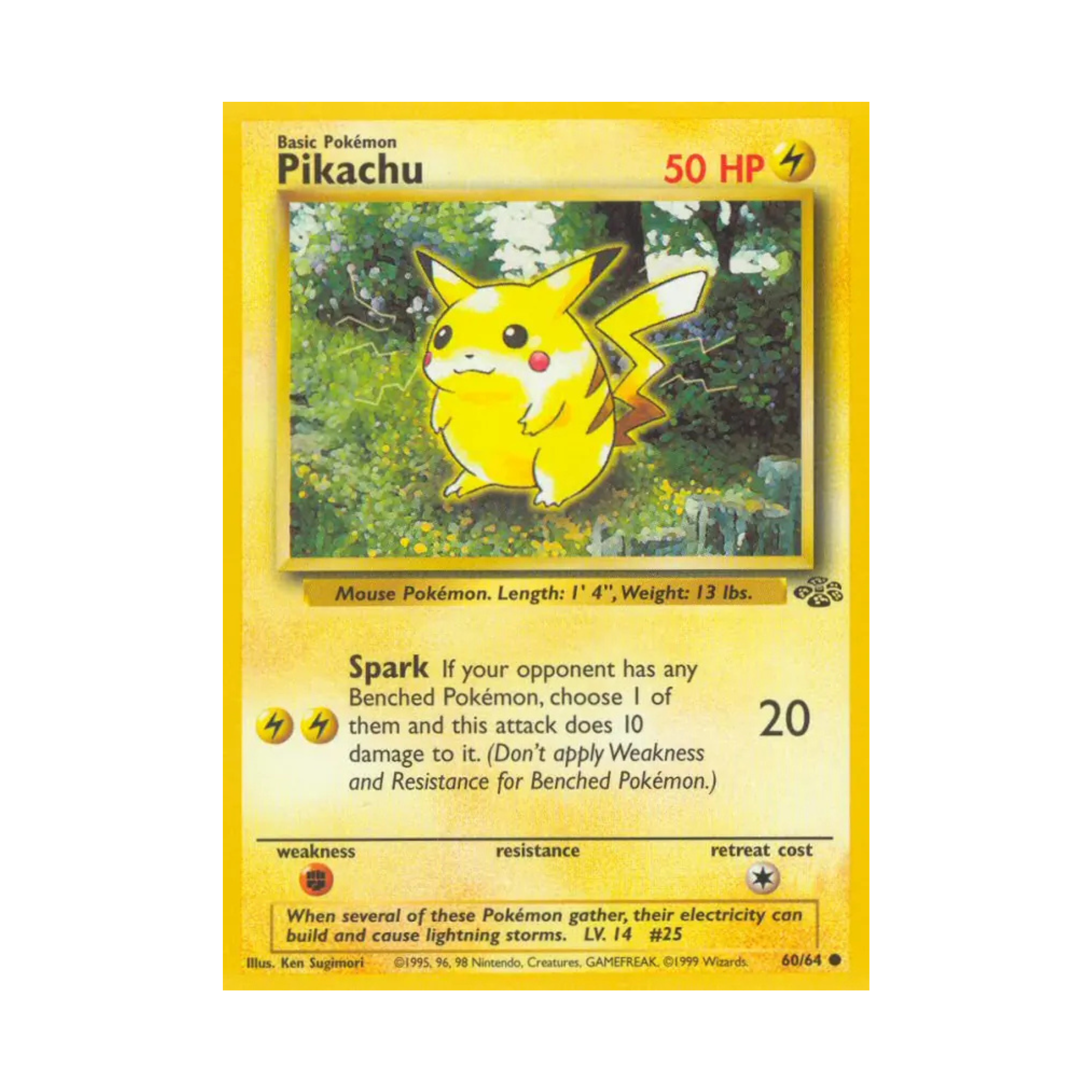 Pikachu trading card featuring playful illustration, 50 HP, and move 'Spark' on a yellow background.