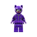 Minifigure in a dark purple suit with cat-themed design, green eyes, and a mask with cat ears.