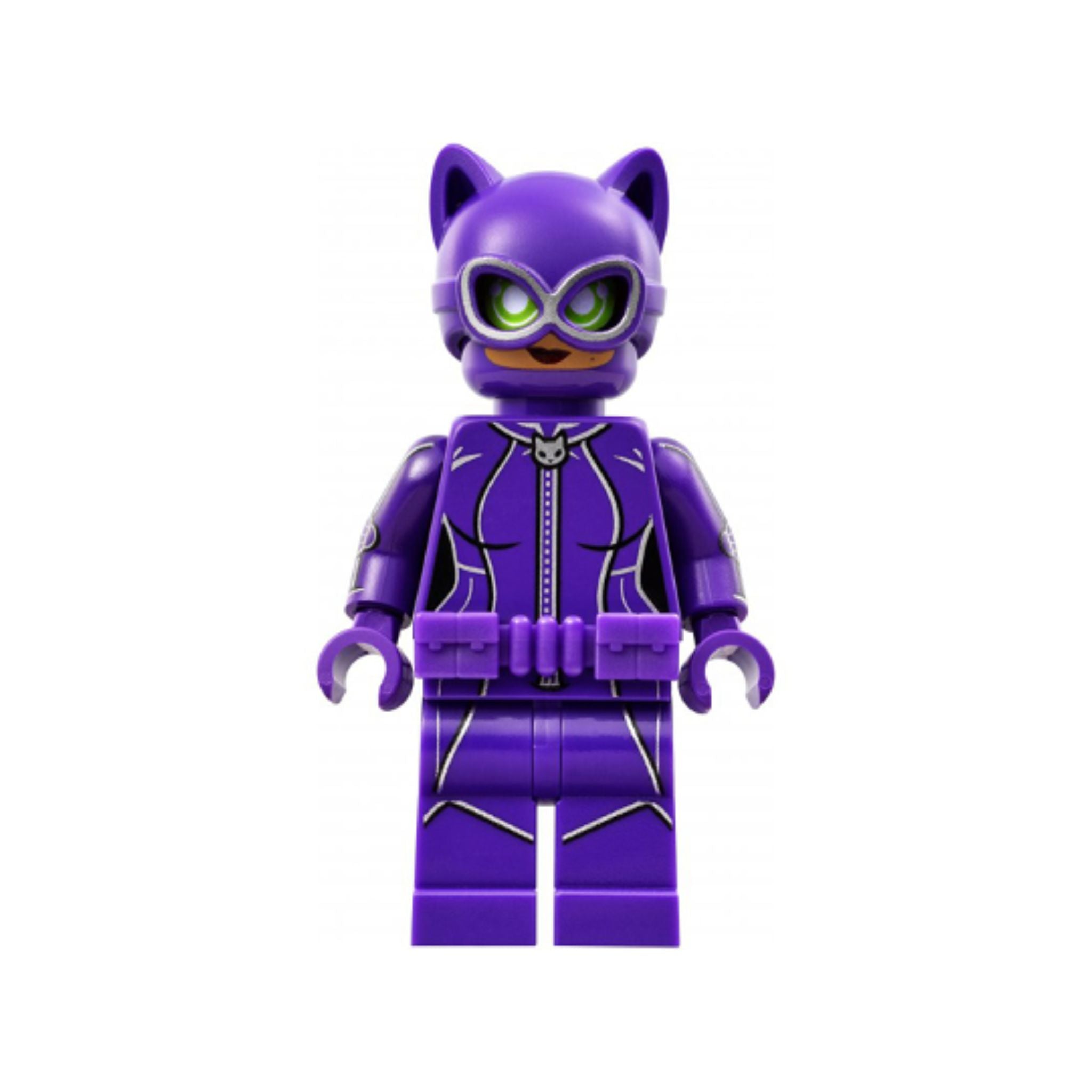 Minifigure in a dark purple suit with cat-themed design, green eyes, and a mask with cat ears.