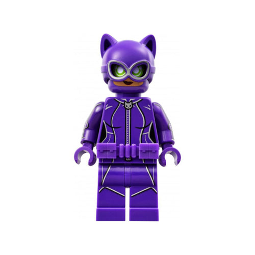 Minifigure in a dark purple suit with cat-themed design, green eyes, and a mask with cat ears.