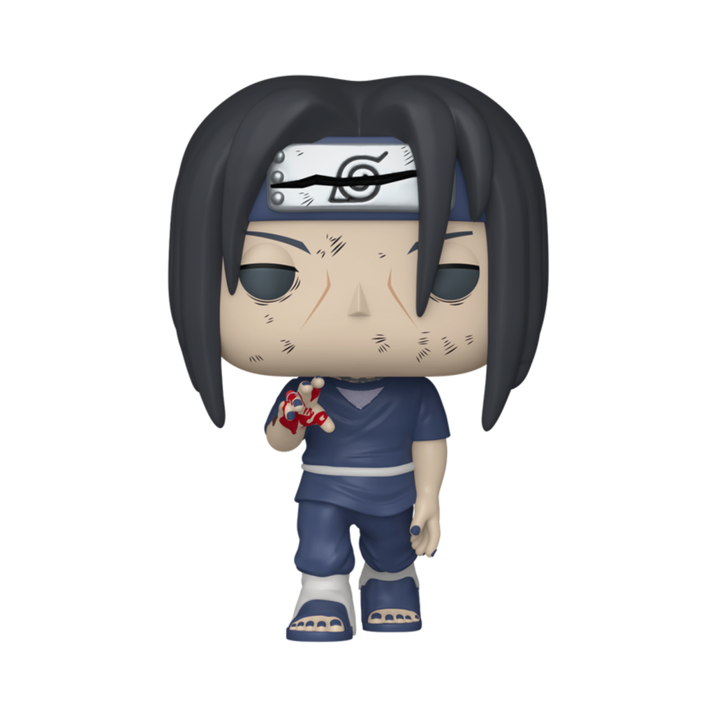 Itachi Uchiha Funko Pop figure in a blue outfit, holding a small object with a serious expression.