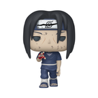 Itachi Uchiha Funko Pop figure in a blue outfit, holding a small object with a serious expression.