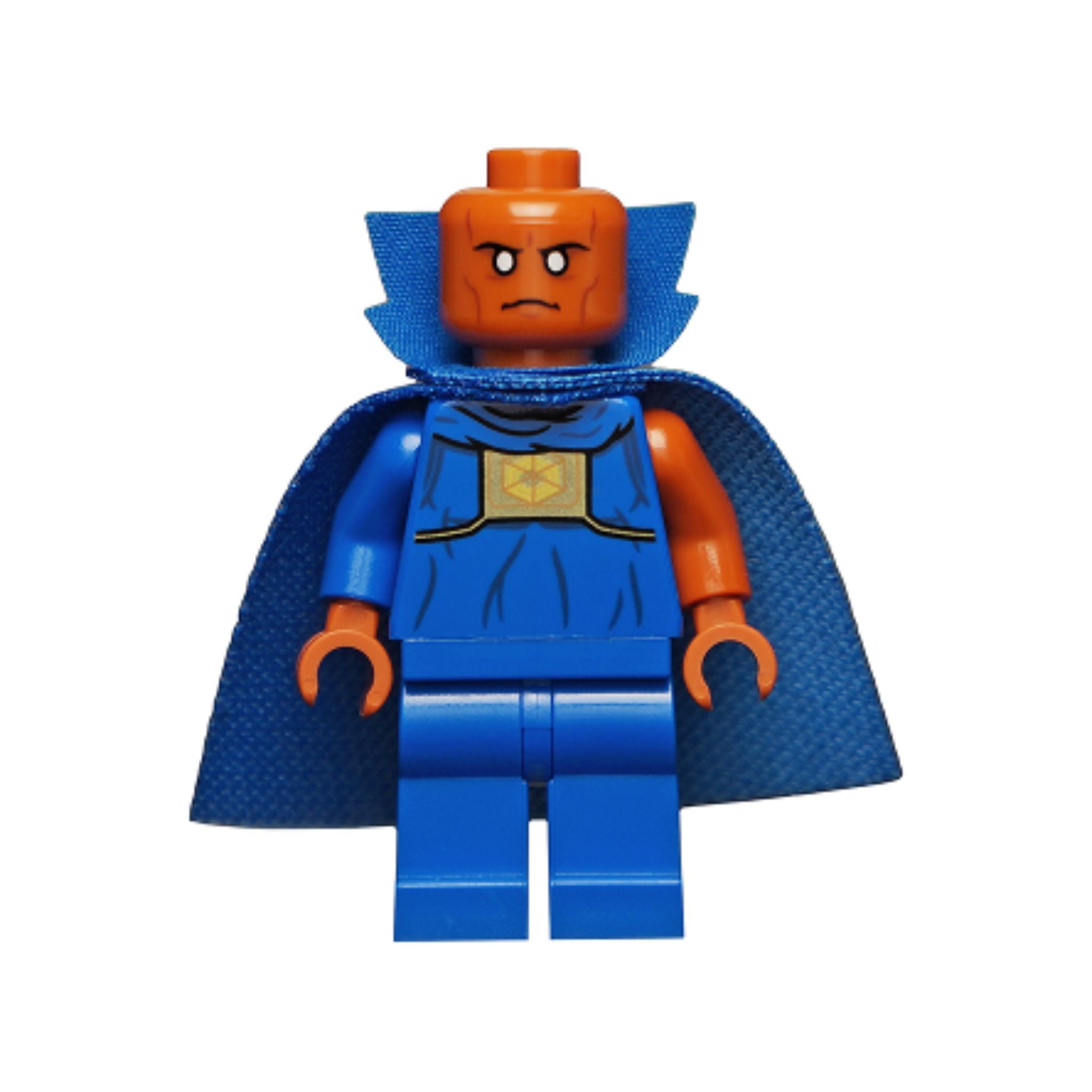 Minifigure with an orange head, blue body, blue cape, and serious facial expression, featuring a chest emblem.