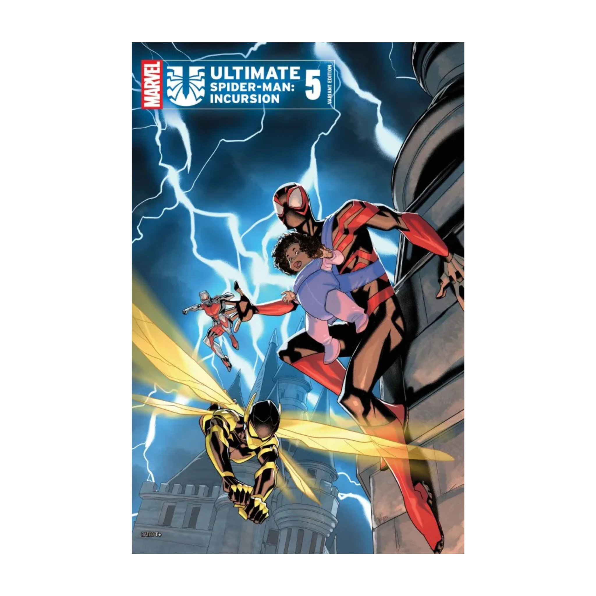 Comic book cover of Ultimate Spider-Man: Incursion #5 featuring Spider-Man in a red and black suit against a stormy background.