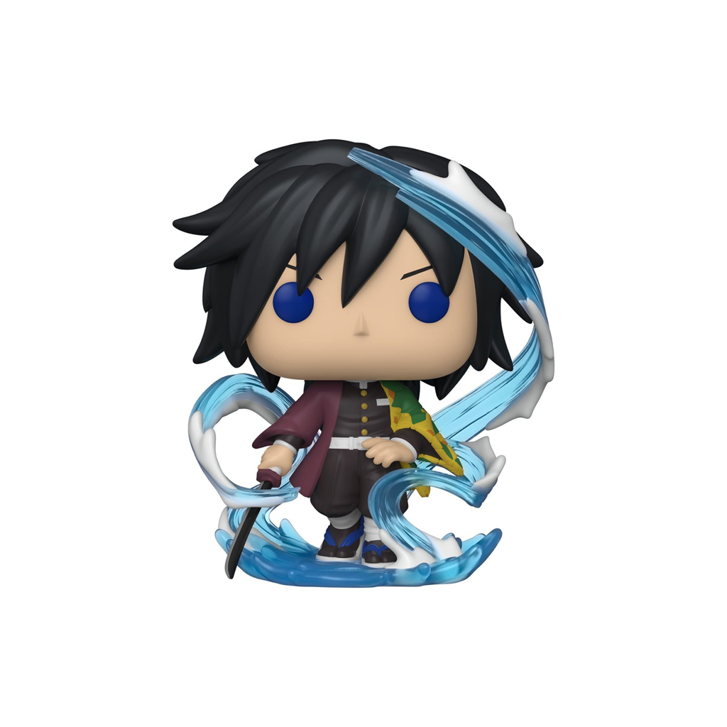 Funko Pop figure of a character with black hair and blue eyes, holding a sword with a swirling blue water effect.
