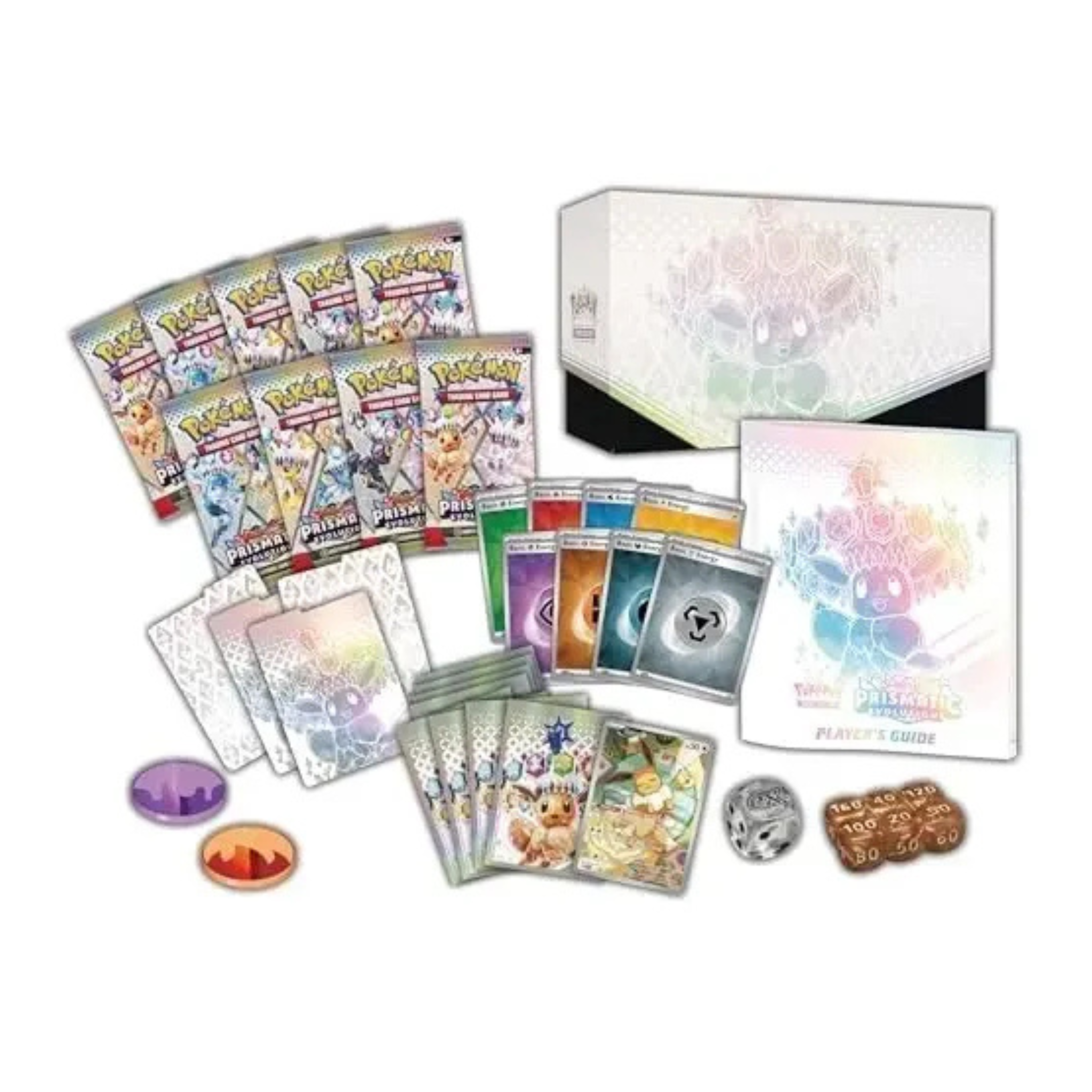 A collection of Pokémon TCG items featuring booster packs, a player's guide, game tokens, and themed artwork from Prismatic Evolutions.