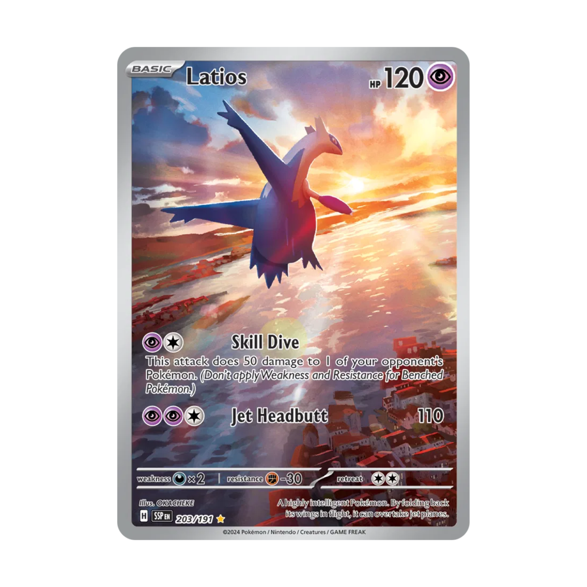 Latios Pokémon card featuring a colorful illustration, HP 120, with attacks Skill Dive and Jet Headbutt. Card number 203/192.