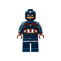Minifigure resembling a superhero in a blue costume with a star emblem and helmet featuring an 'A' symbol.
