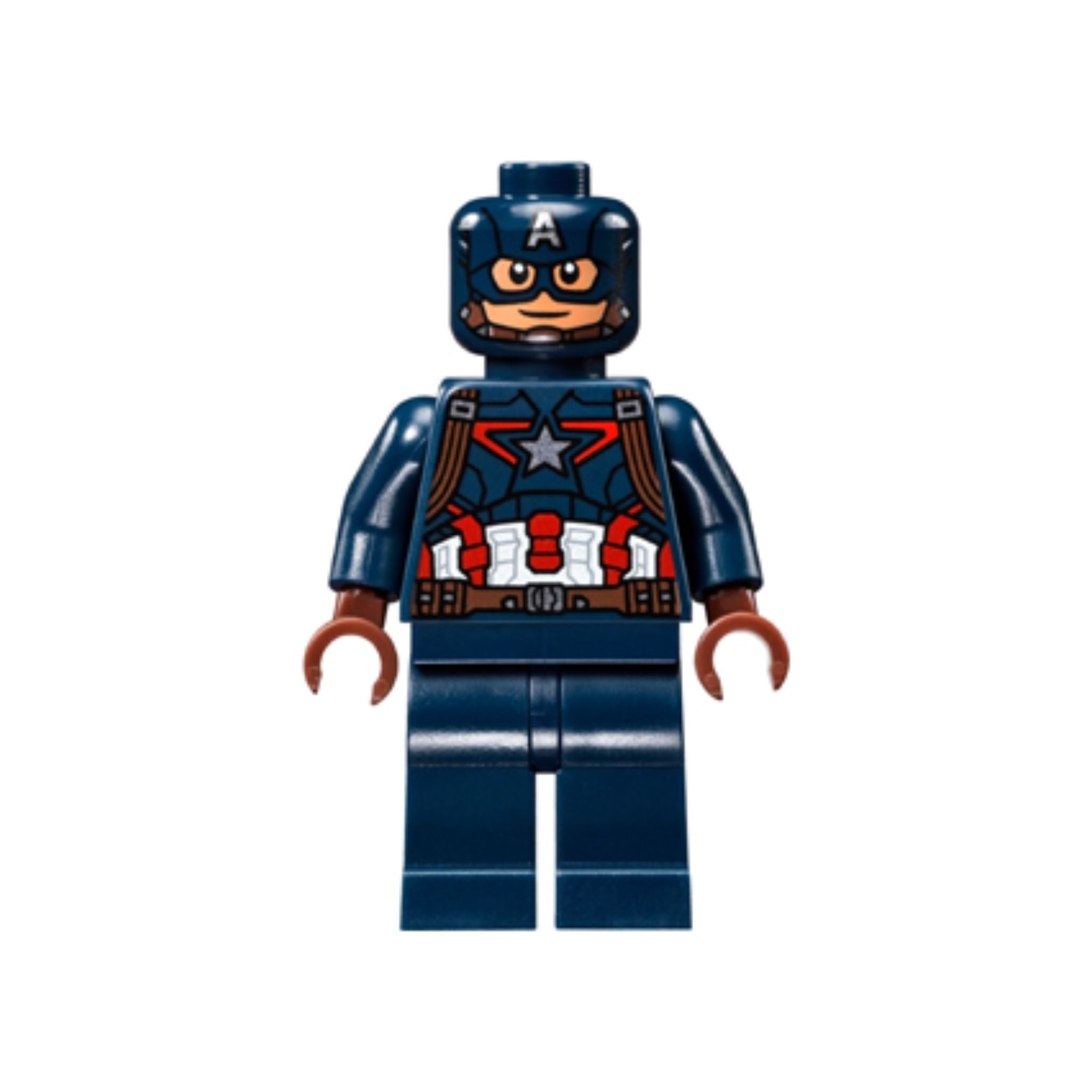 Minifigure resembling a superhero in a blue costume with a star emblem and helmet featuring an 'A' symbol.