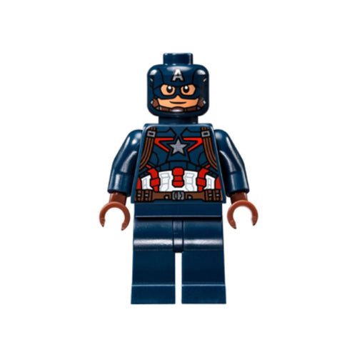 Minifigure resembling a superhero in a blue costume with a star emblem and helmet featuring an 'A' symbol.