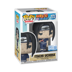 Funko Pop figure of Itachi Uchiha from Naruto: Shippuden, featuring black hair and a headband, in a standing pose.