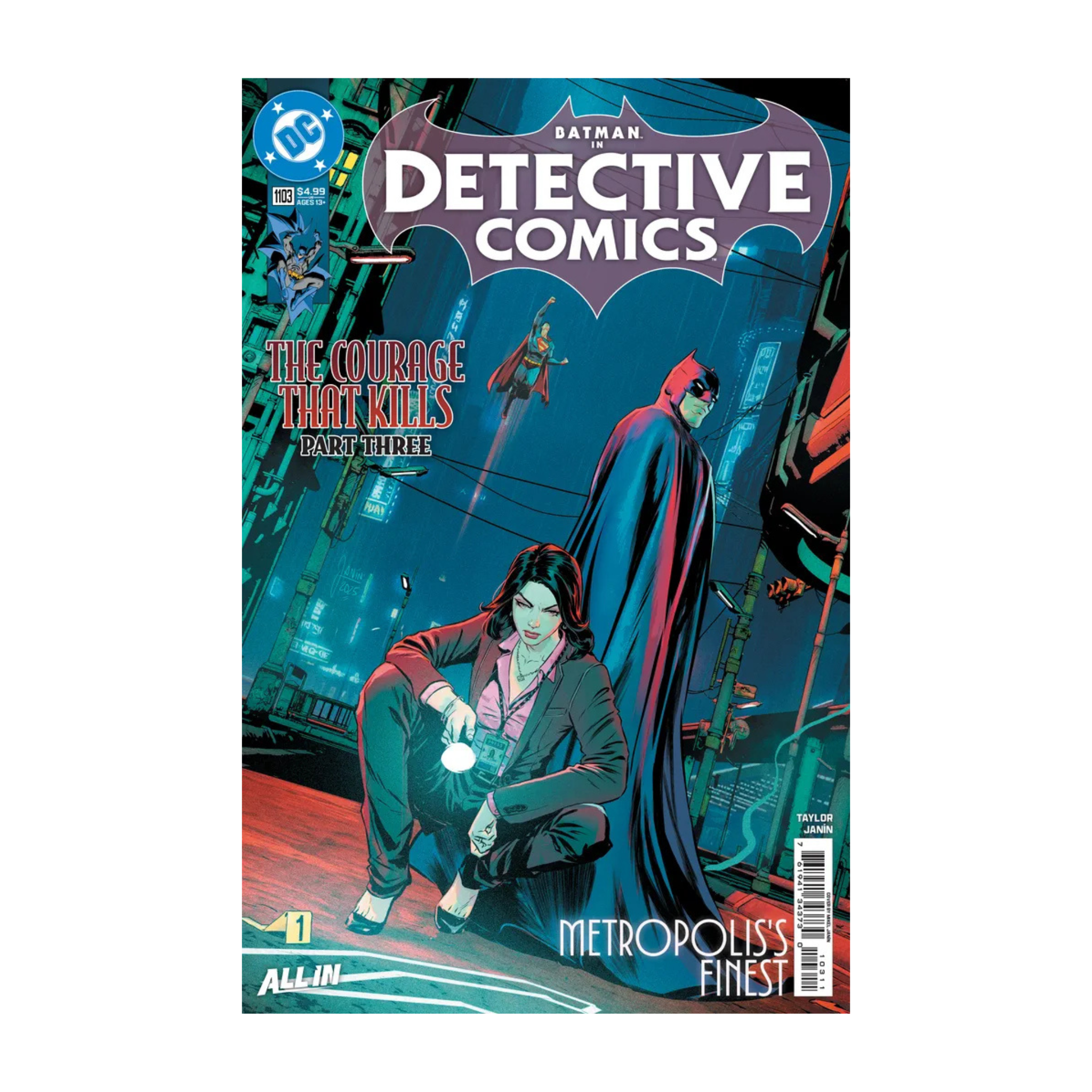 Comic book cover of Detective Comics #1103 featuring a character seated against a cityscape with text about Metropolis's Finest.